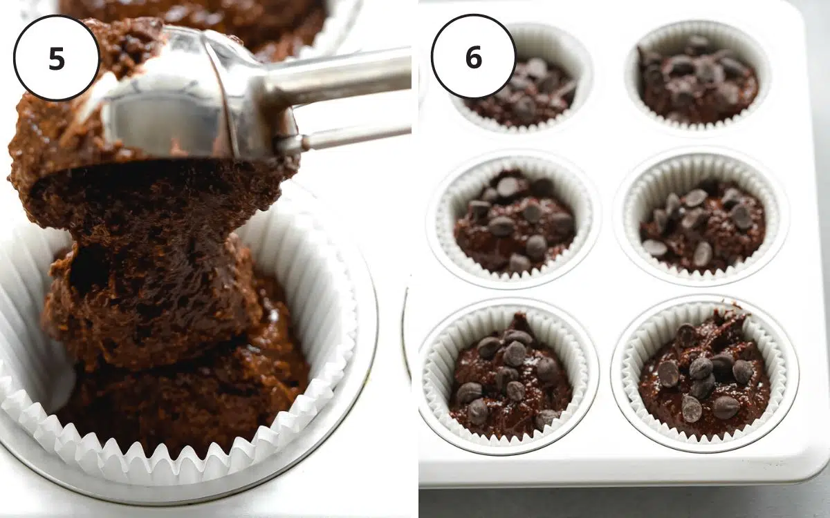 filling muffin liners with chocolate muffin batter.