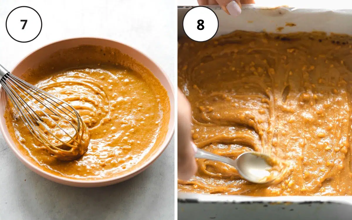 smoothing peanut butter caramel into a lined cake pan using the back of a spoon.