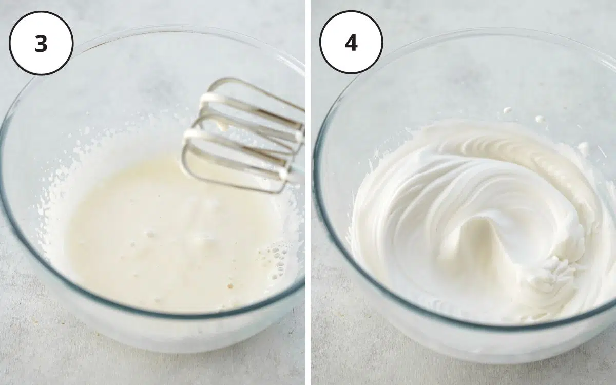 whisking aquafaba in a clear bowl.