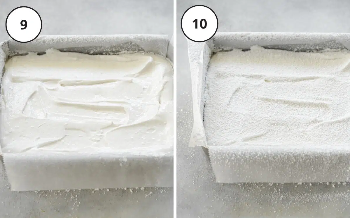 vegan marshmallow mixture in a lined cake pan.