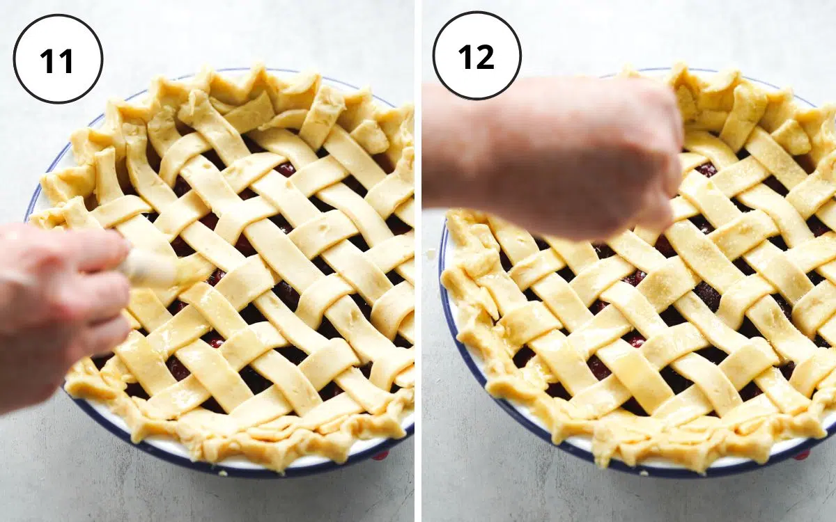 adding melted butter and sugar to a pastry lattice crust.