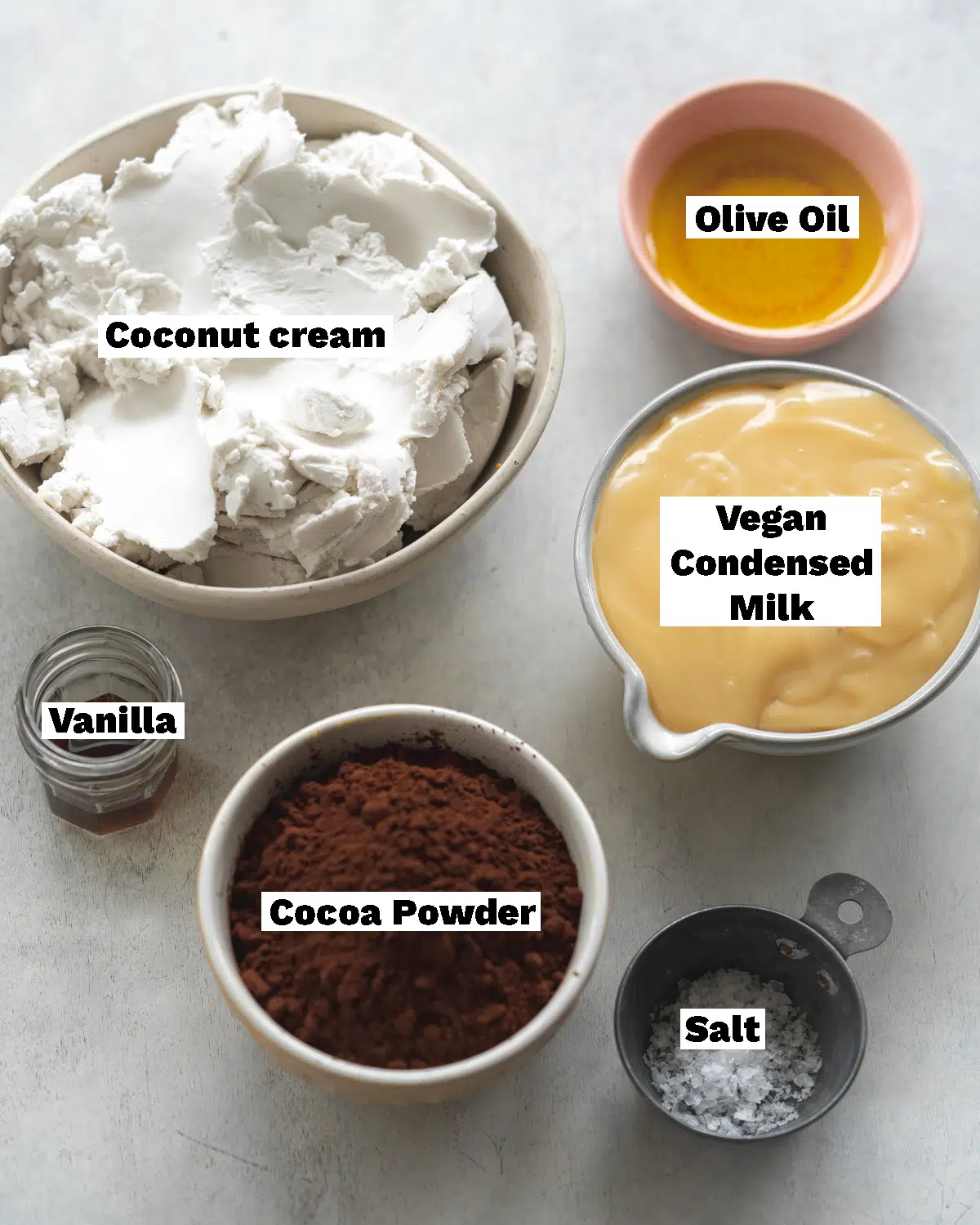 ingredients to make vegan chocolate ice cream measured out in bowls.
