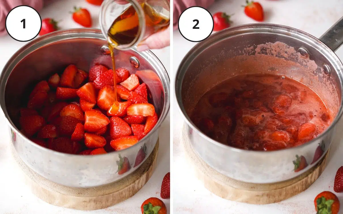 strawberries cooking in a saucepan to make jam.