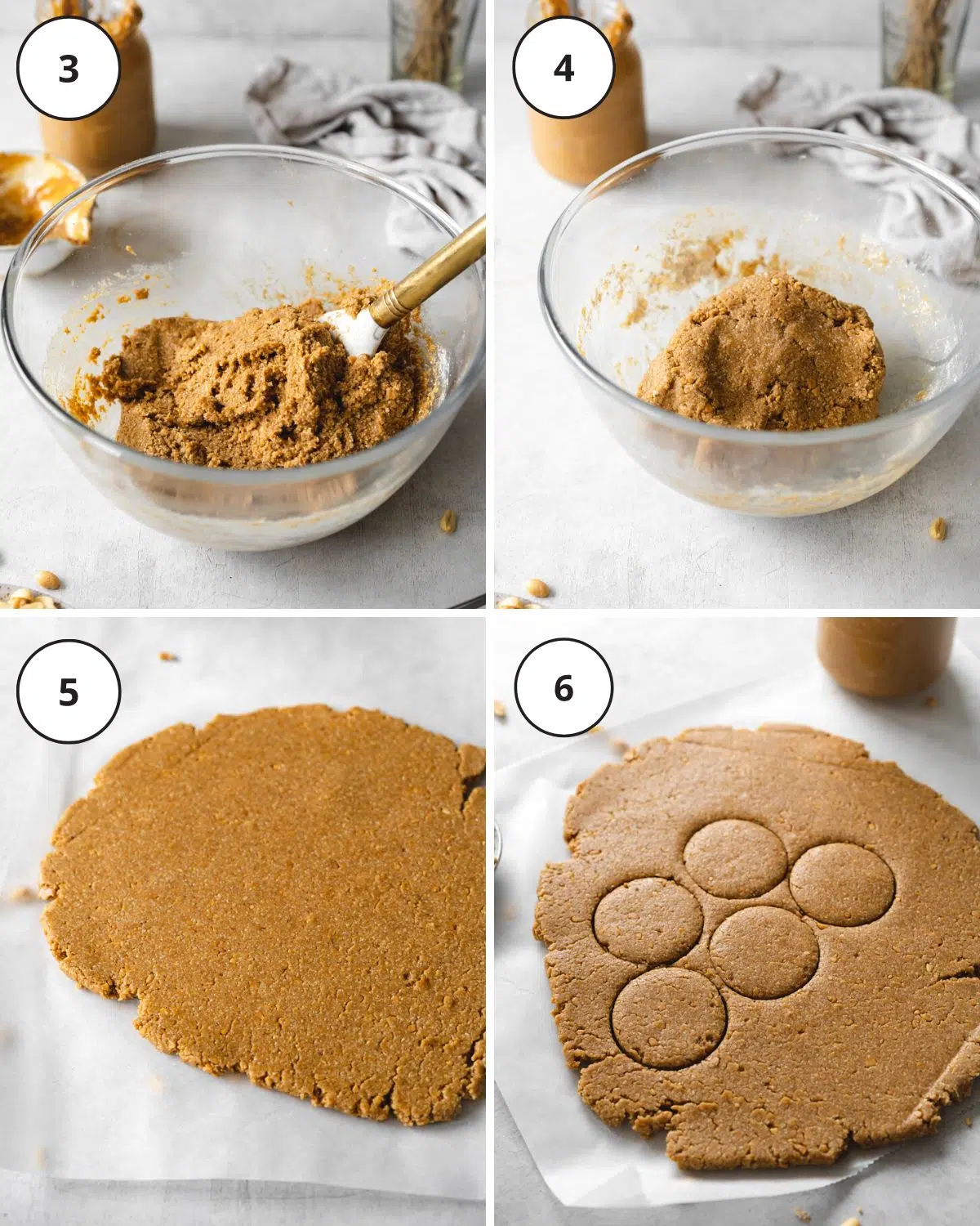mixing ingredients to make peanut butter cookies in a glass bowl and cutting out cookies with a cookie cutter.