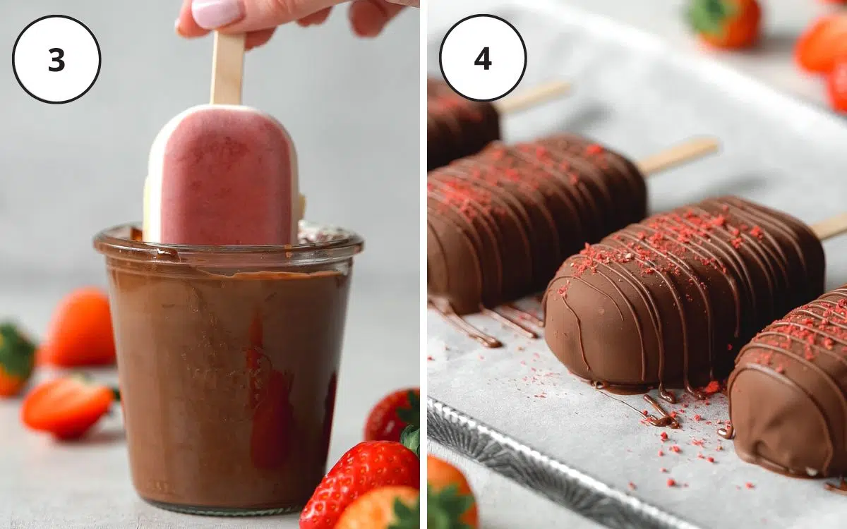 dipping strawberry magnums in chocolate sauce.
