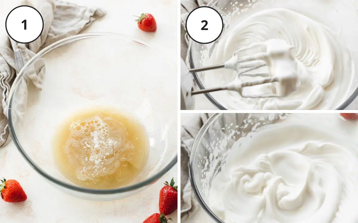 whisking aquafaba in a glass bowl.