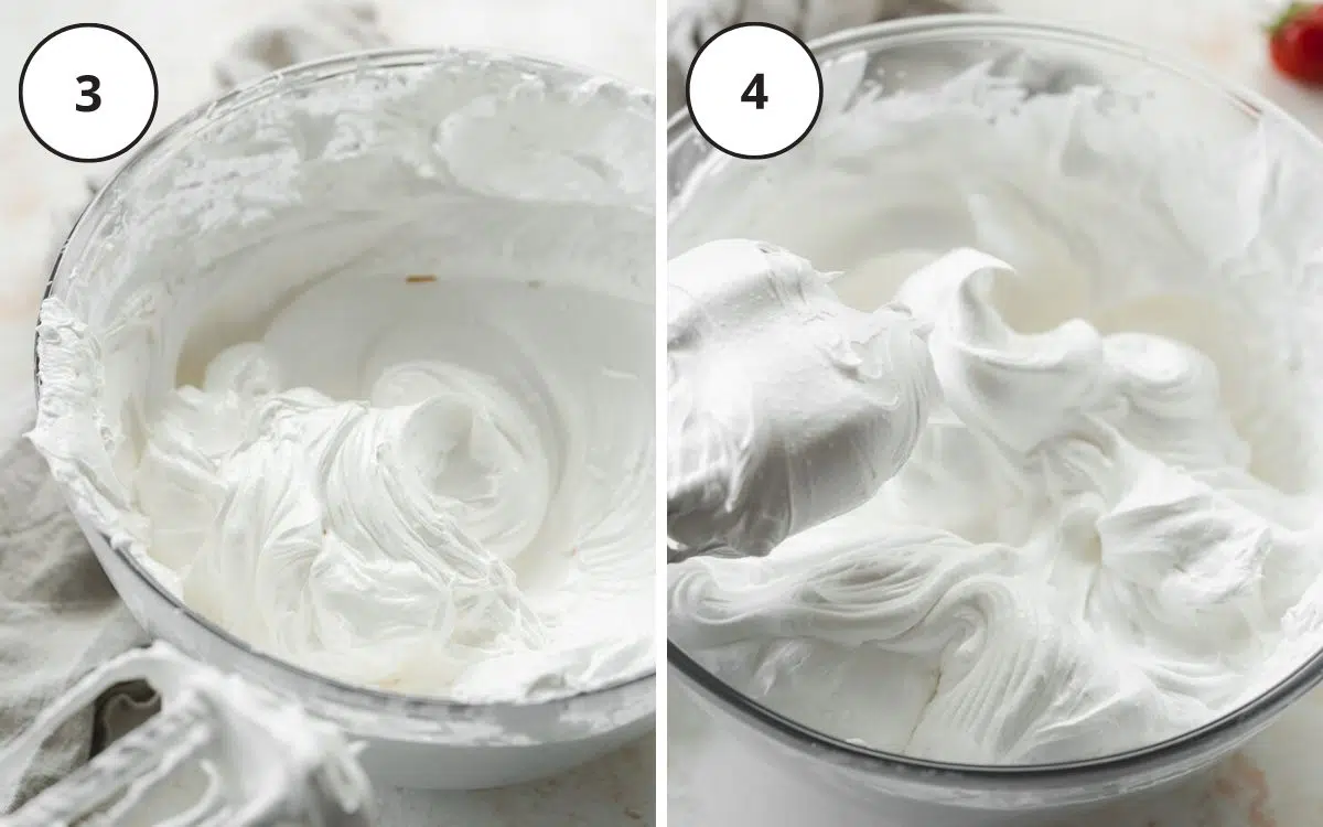 aquafaba in a glass bowl whipped to stiff peaks.