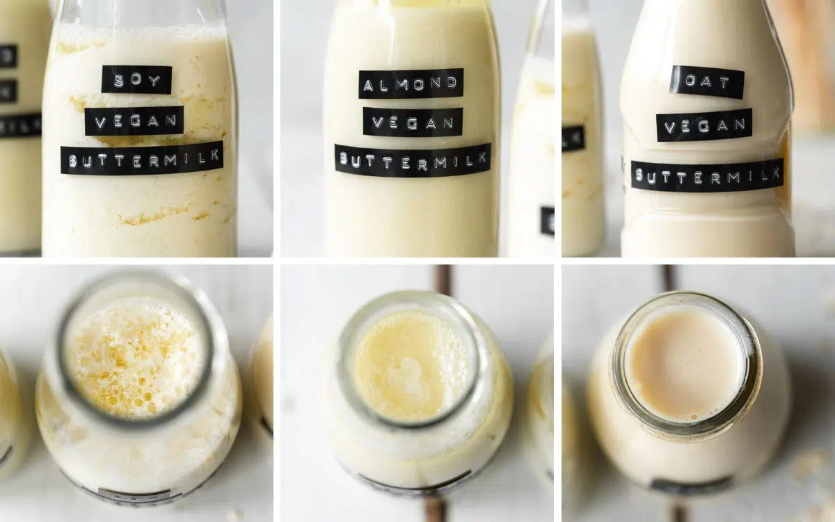 comparison of three glass bottles of soy milk, almond milk, and oat milk buttermilk.