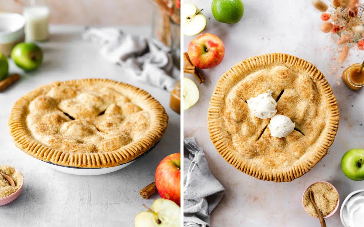 apple pie with fresh apples scattered around it.