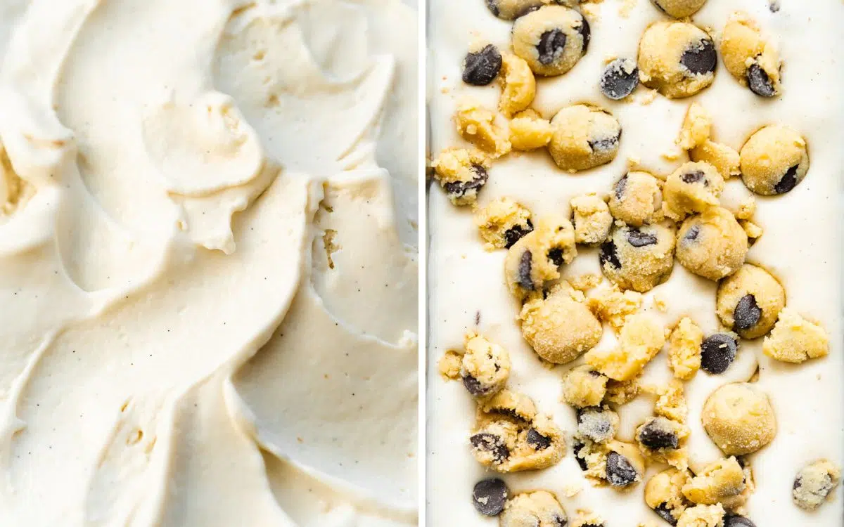 vanilla ice cream with chocolate chip cookie dough balls on top.