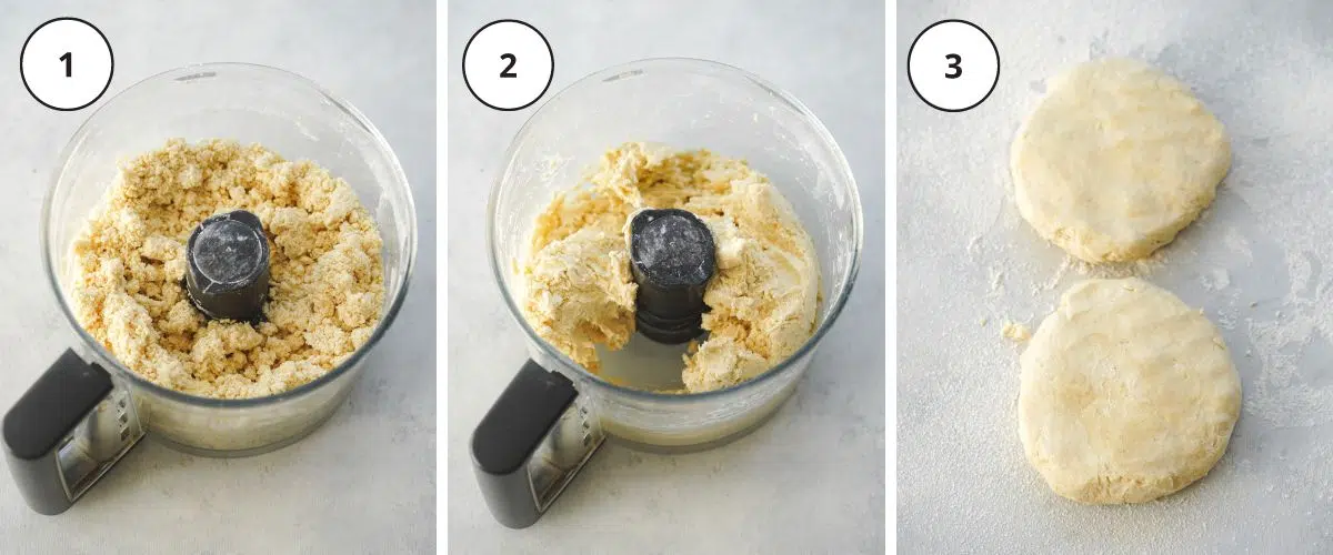 making pie crust in a food processor and rolling it out into a pie dish.