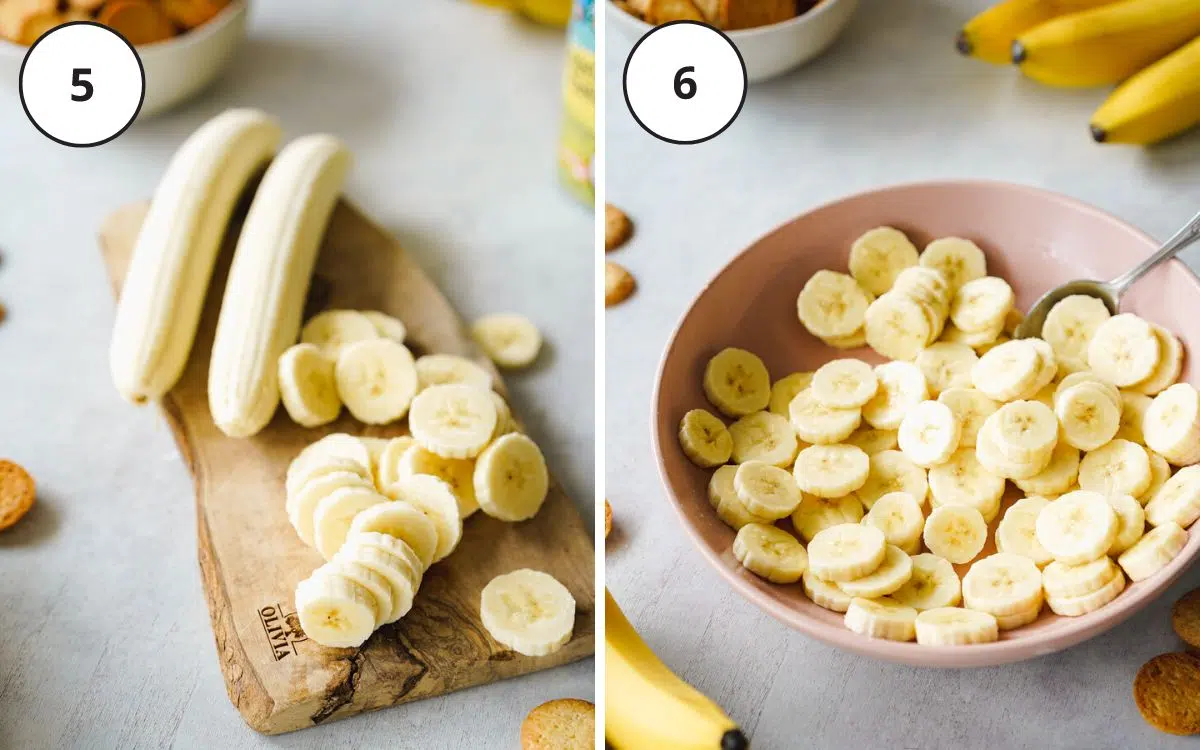 chopped banana coins in a bowl with lemon juice.