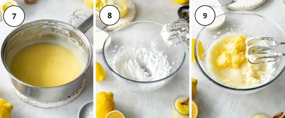 whisking ingredients for lemon pie filling in a glass bowl.
