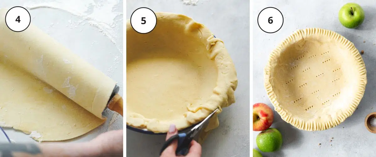 rolling out pastry into a pie tin.
