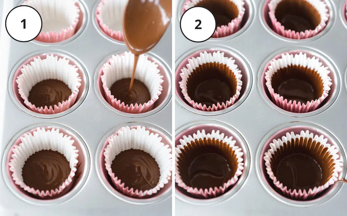 filling cupcake liners with melted chocolate.
