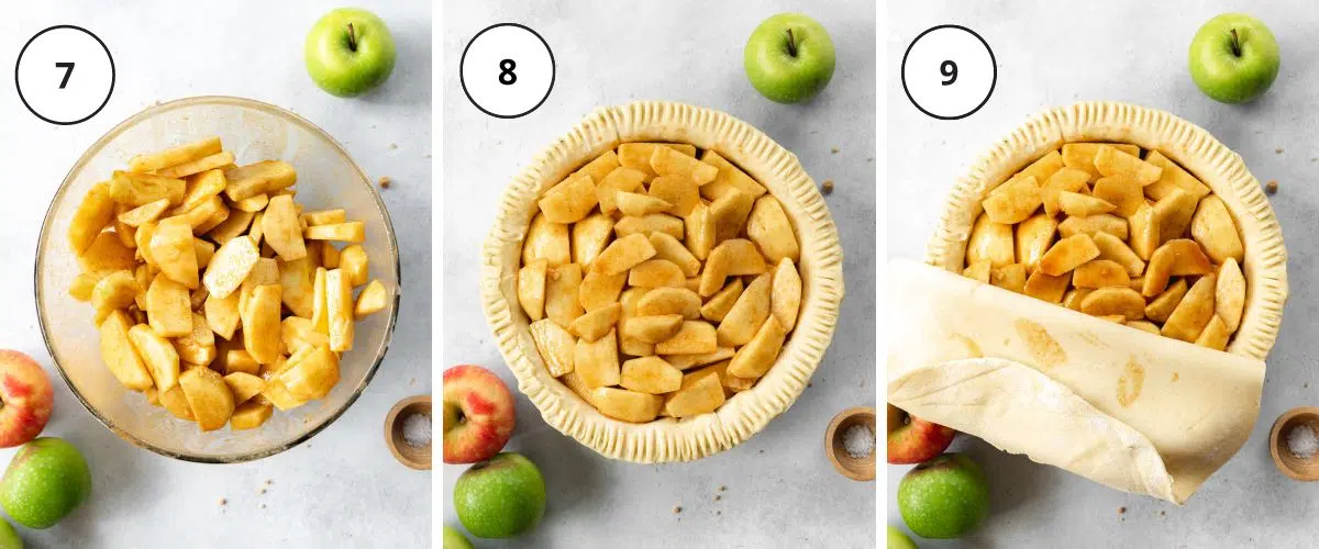 adding apple pie filling to a pie crust.