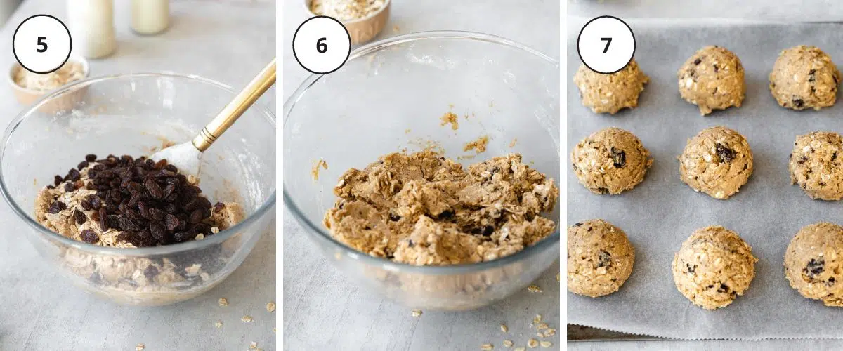 mixing raisins into oatmeal cookie dough and cookie dough balls on a baking sheet.