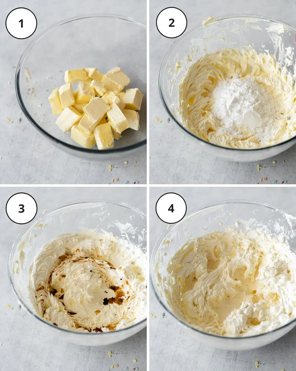 whisking buttercream ingredients in a large mixing bowl.