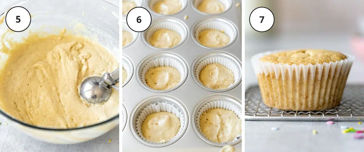 adding vanilla cupcake batter to a muffin tray and cooling a cupcake on a wire rack.