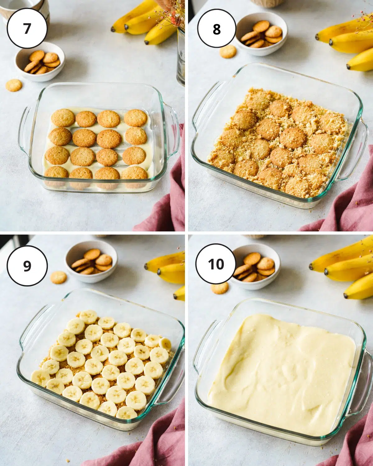 assembling banana pudding in a glass baking dish.