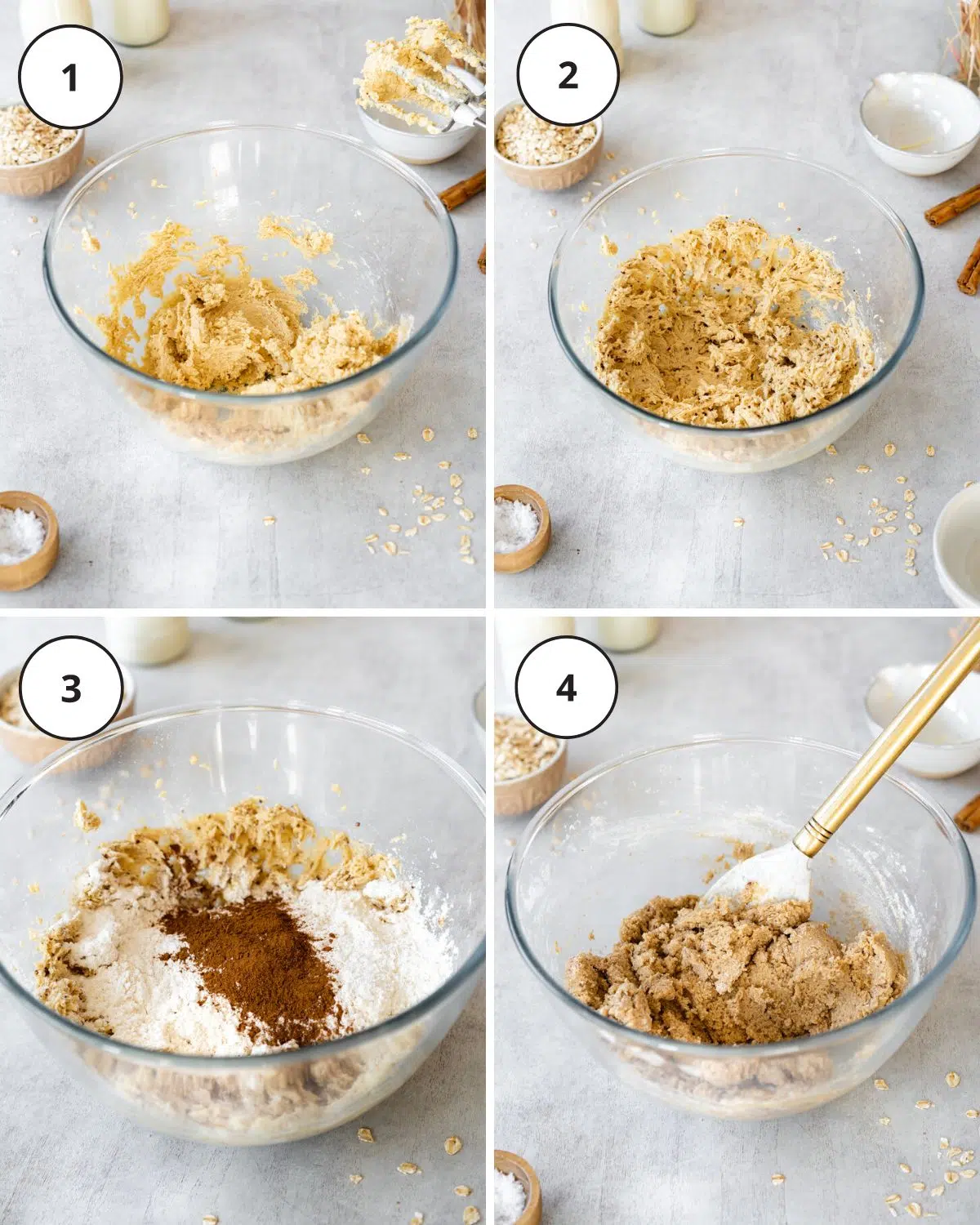 mixing ingredients for oatmeal cookies in a large clear bowl.