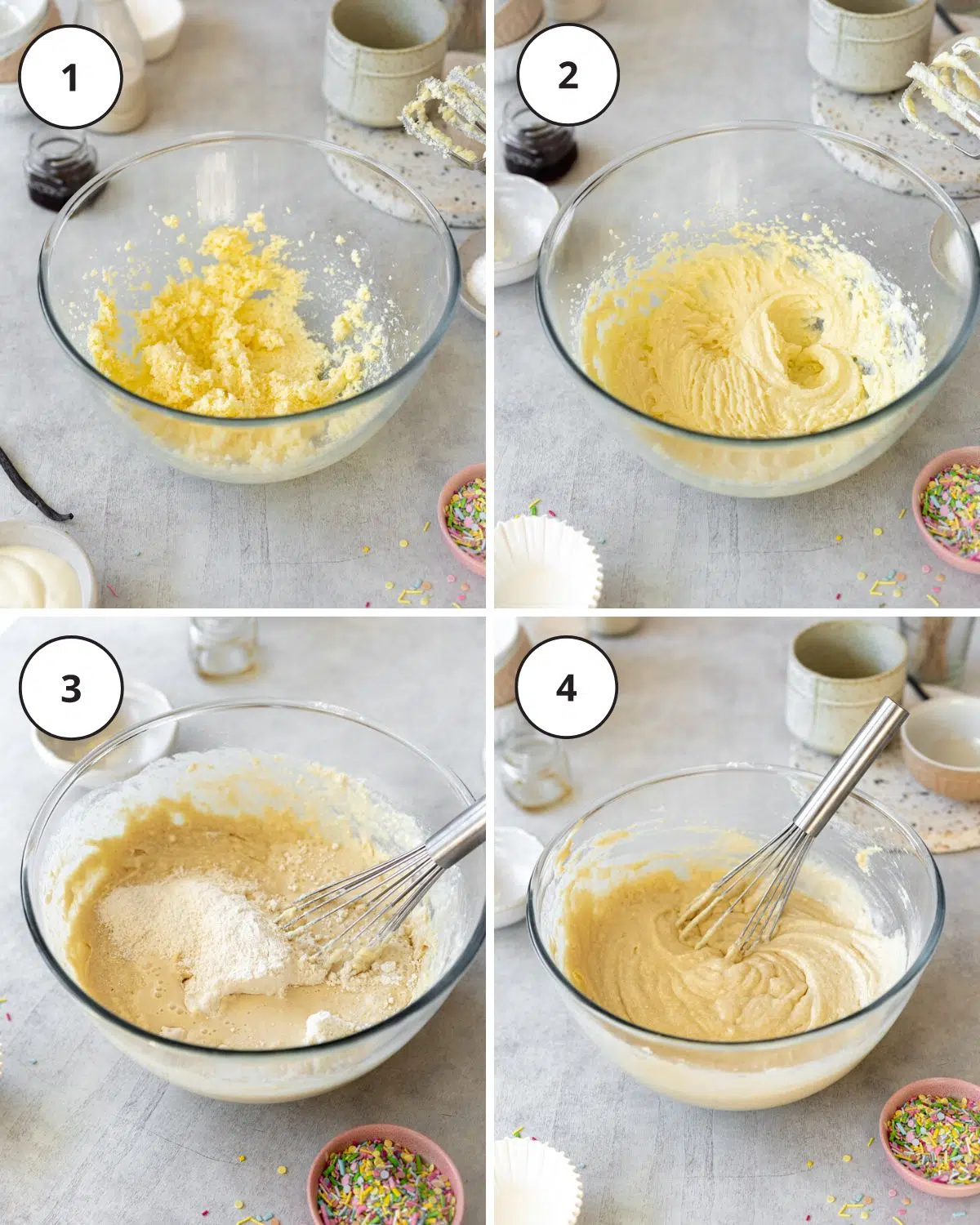 creaming wet ingredients for vanilla cupcakes in a large mixing bowl.
