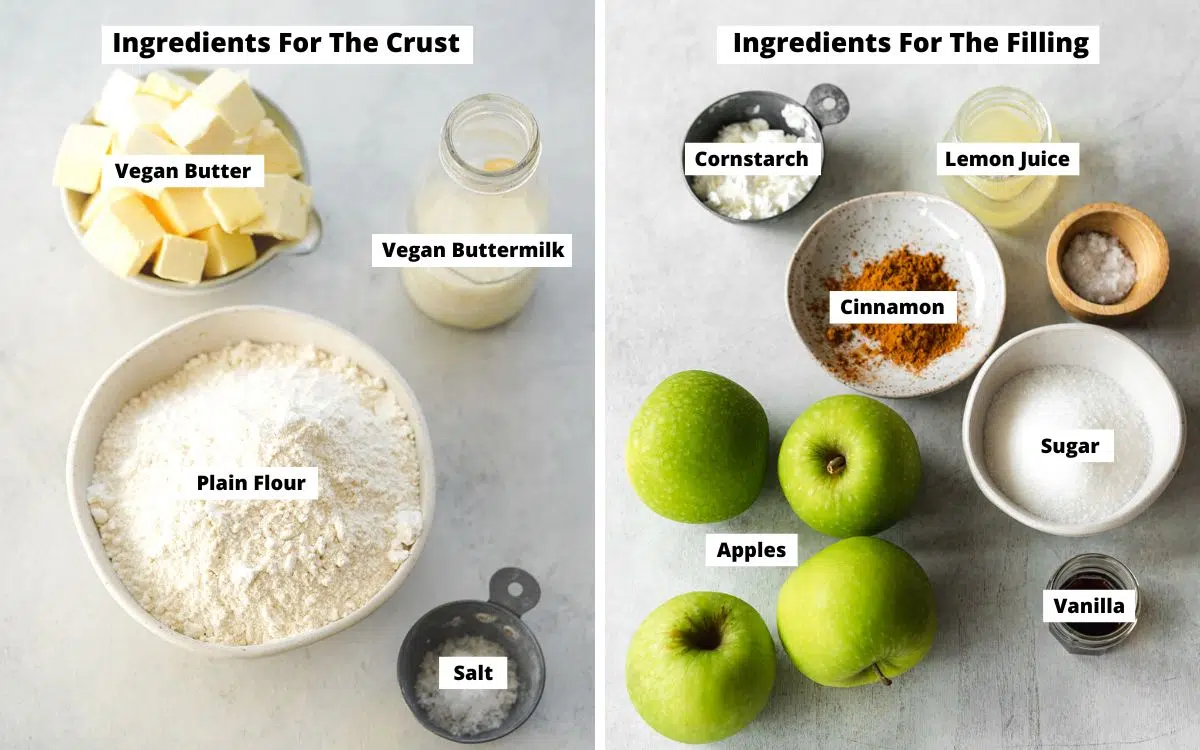 ingredients to make apple pie measured out on a grey surface.