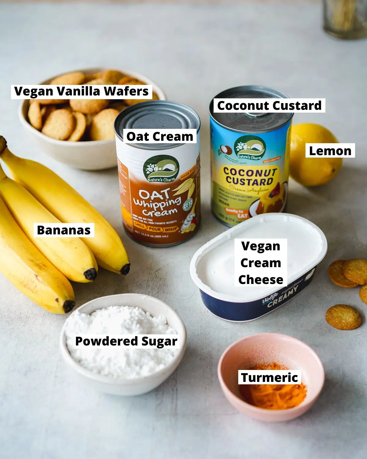 ingredients for vegan banana pudding measured out in bowls.