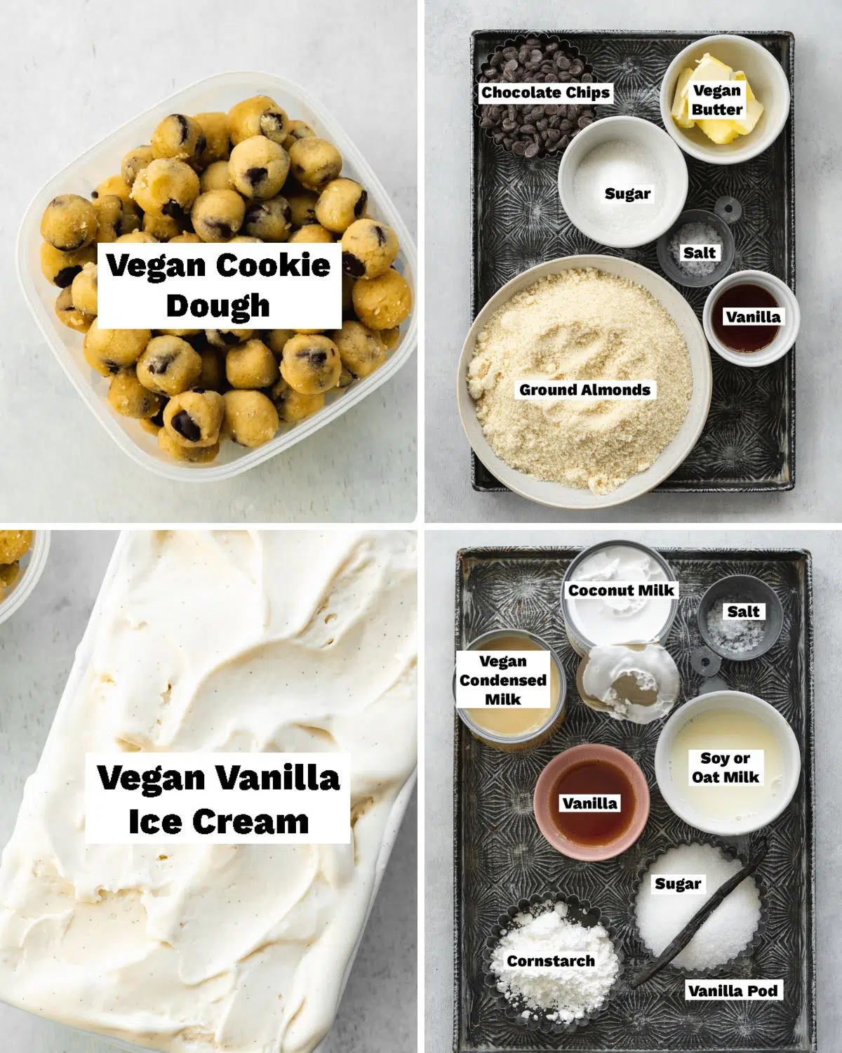 ingredients to make vegan cookie dough ice cream measured out in bowls.