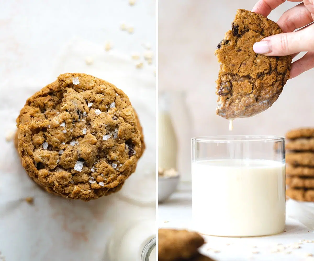 dipping a vegan oatmeal cookies into a glass of oat milk.