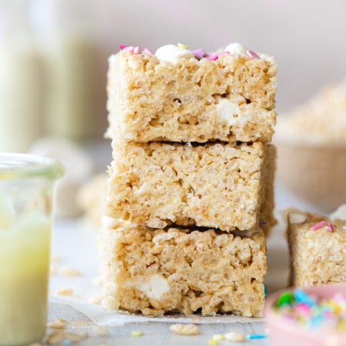 stack of rice krispie squares with funfetti and marshmallows.