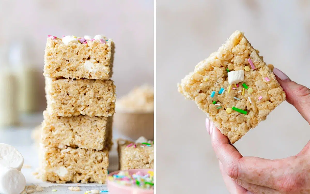 stack of funfetti rice crispy squares with marshmallows scattered around them.