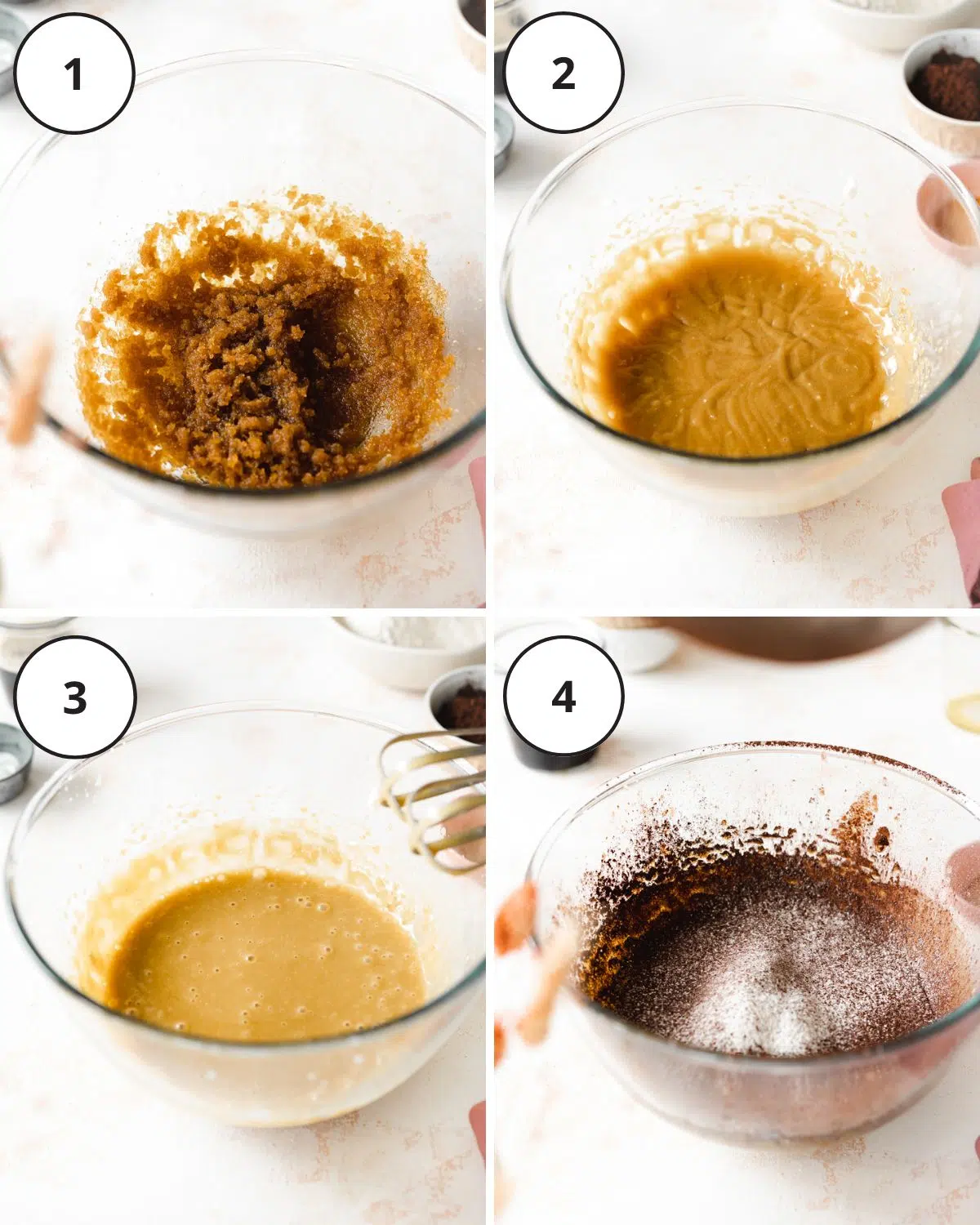 mixing olive oil, milk, and dry ingredients for chocolate cupcakes in a large glass bowl.