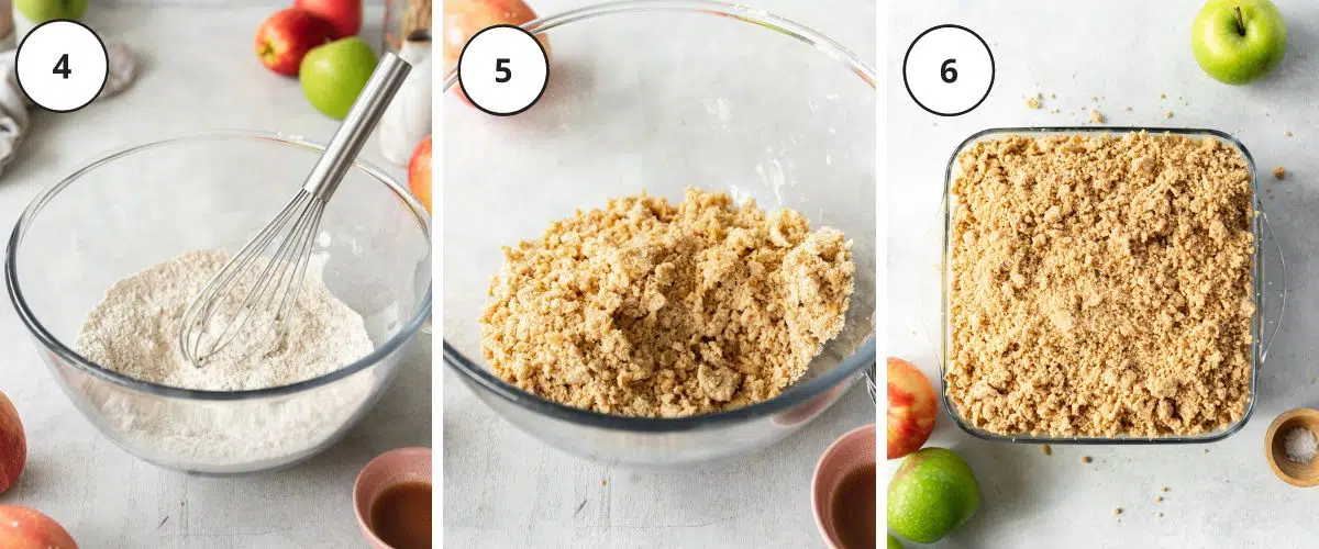 apple crumble topping ingredients in a large mixing bowl and in a baking dish.