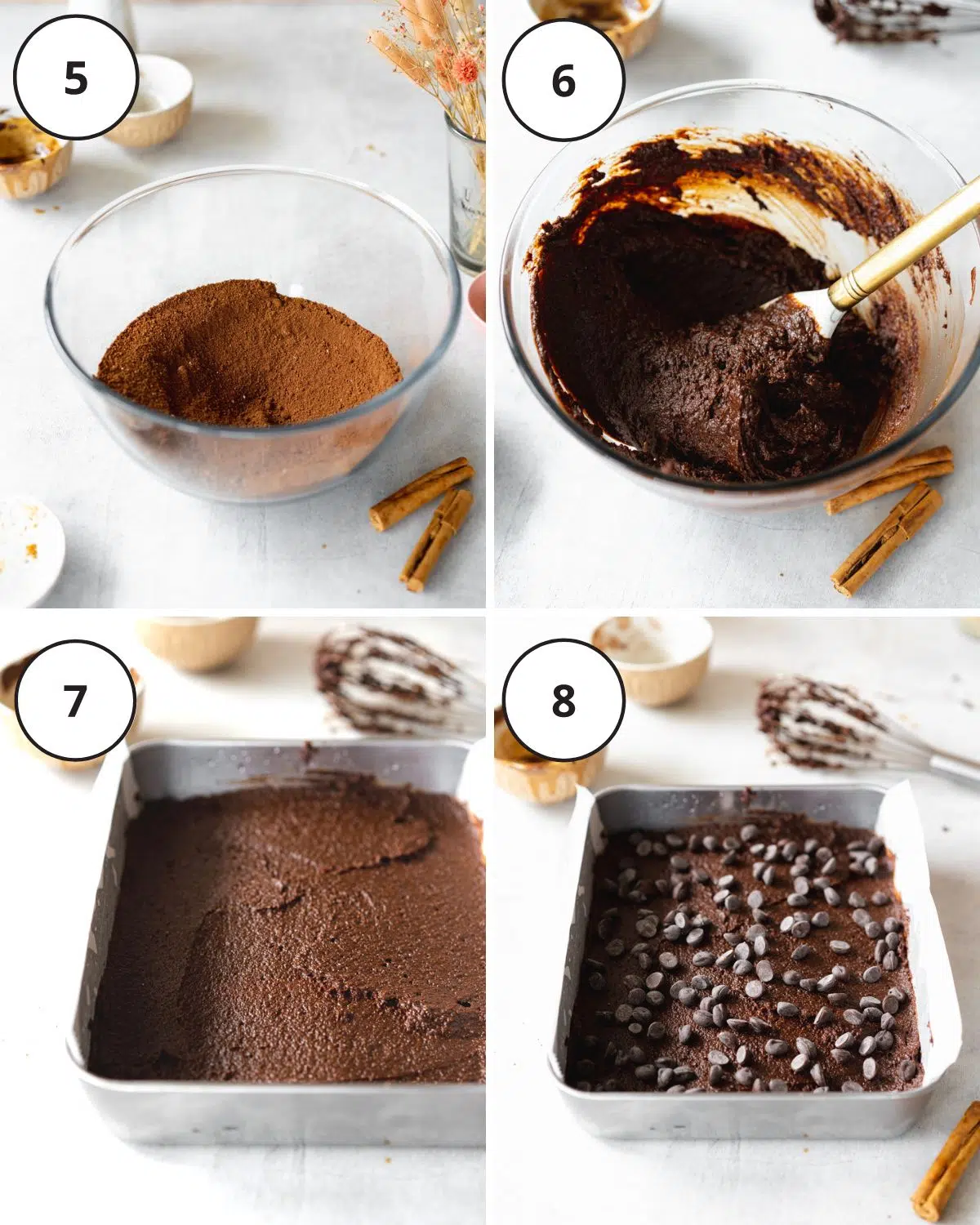 adding brownie batter to a lined tray and adding chocolate chips on top.