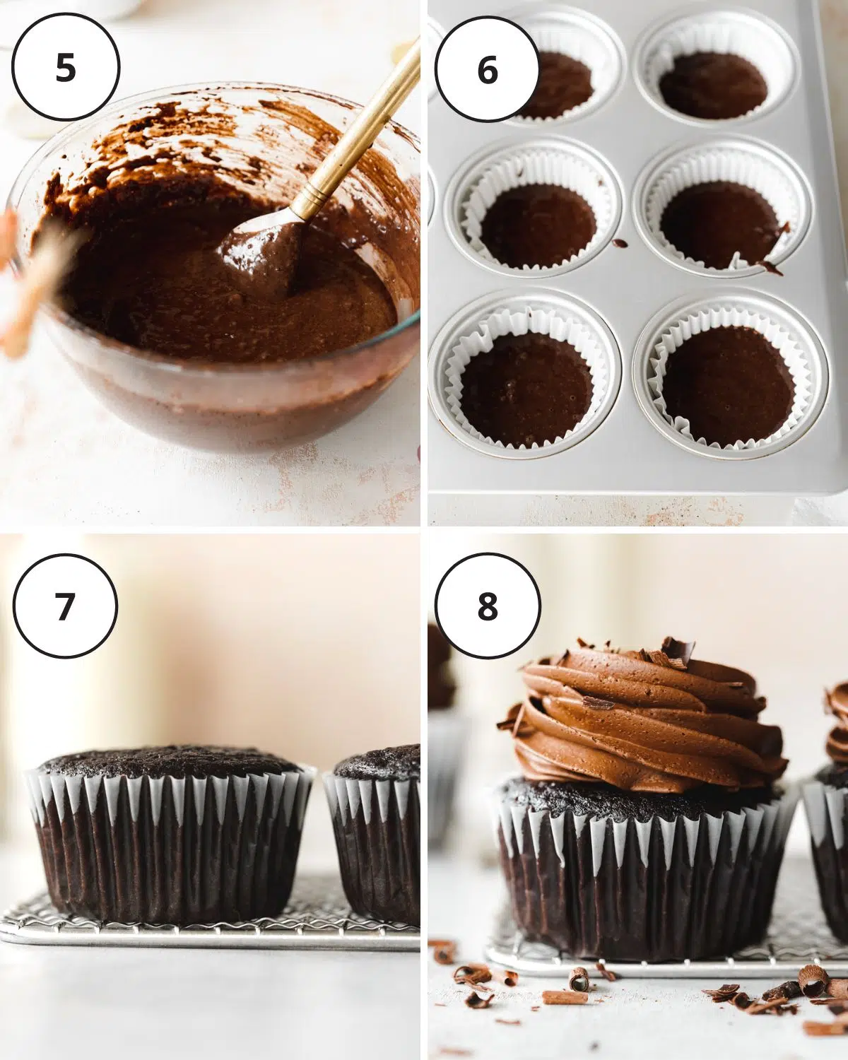 chocolate batter in a mixing bowl and in a muffin pan, and chocolate cupcakes with frosting on a wire rack.