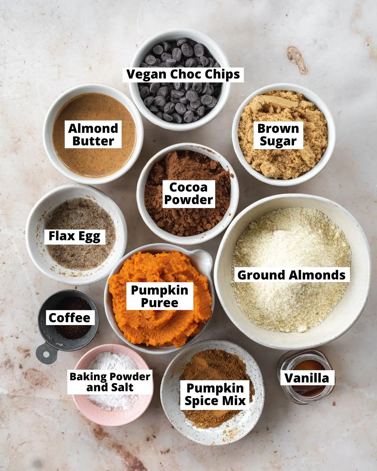 ingredients for pumpkin brownies measured out in bowls.
