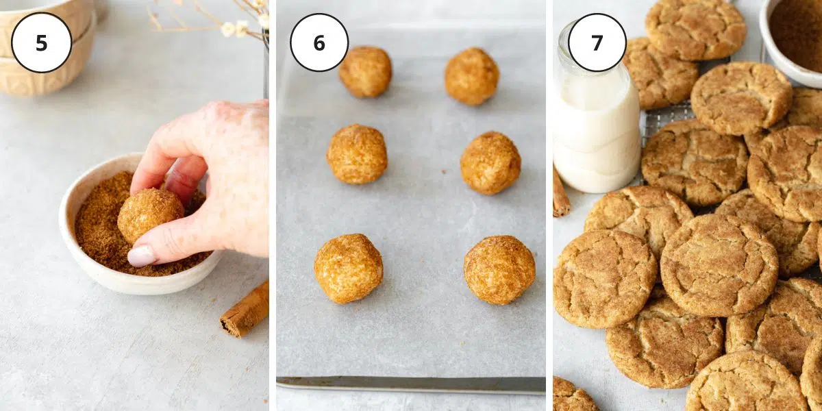 rolling snickerdoodle cookie dough balls in cinnamon sugar and baking on a cookie sheet.