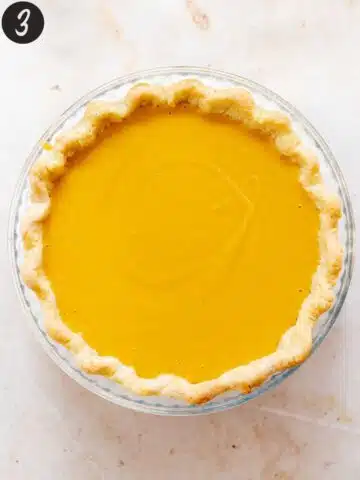 par-baked pie crust filled with sweet potato filling before baking.