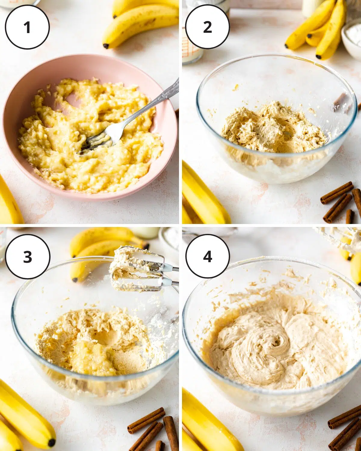 mixing banana cake ingredients in a large clear bowl with a hand mixer.