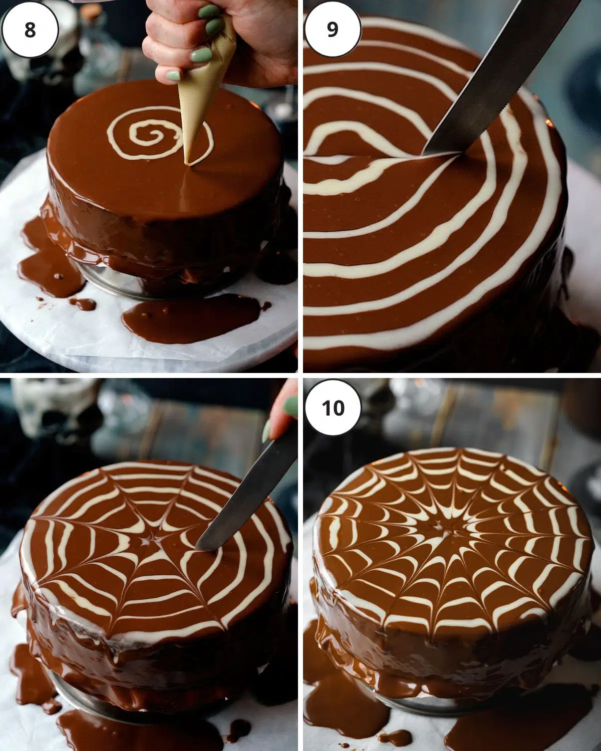 chocolate glazed cake with a spider web design on top made by swirling white chocolate.