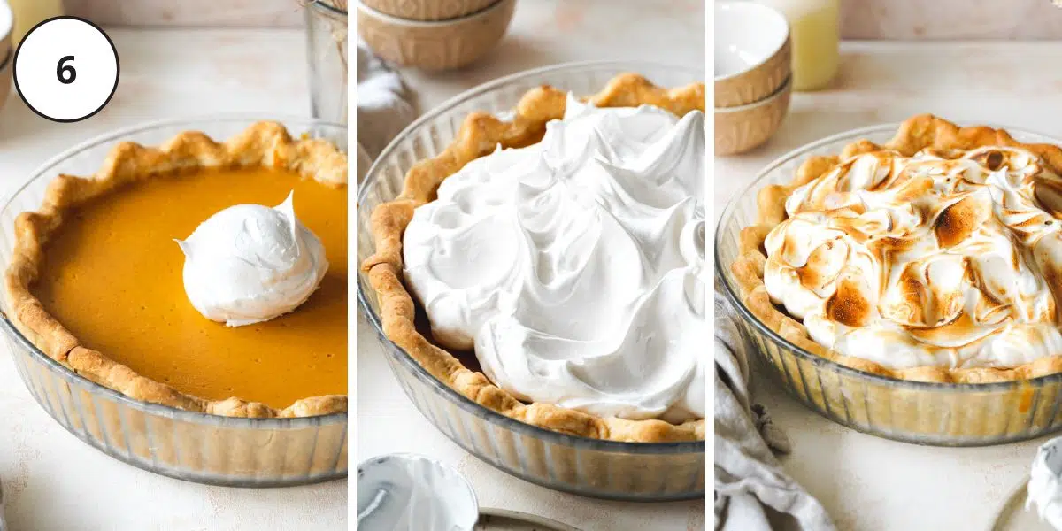 topping a sweet potato pie with meringue and blow torching it.
