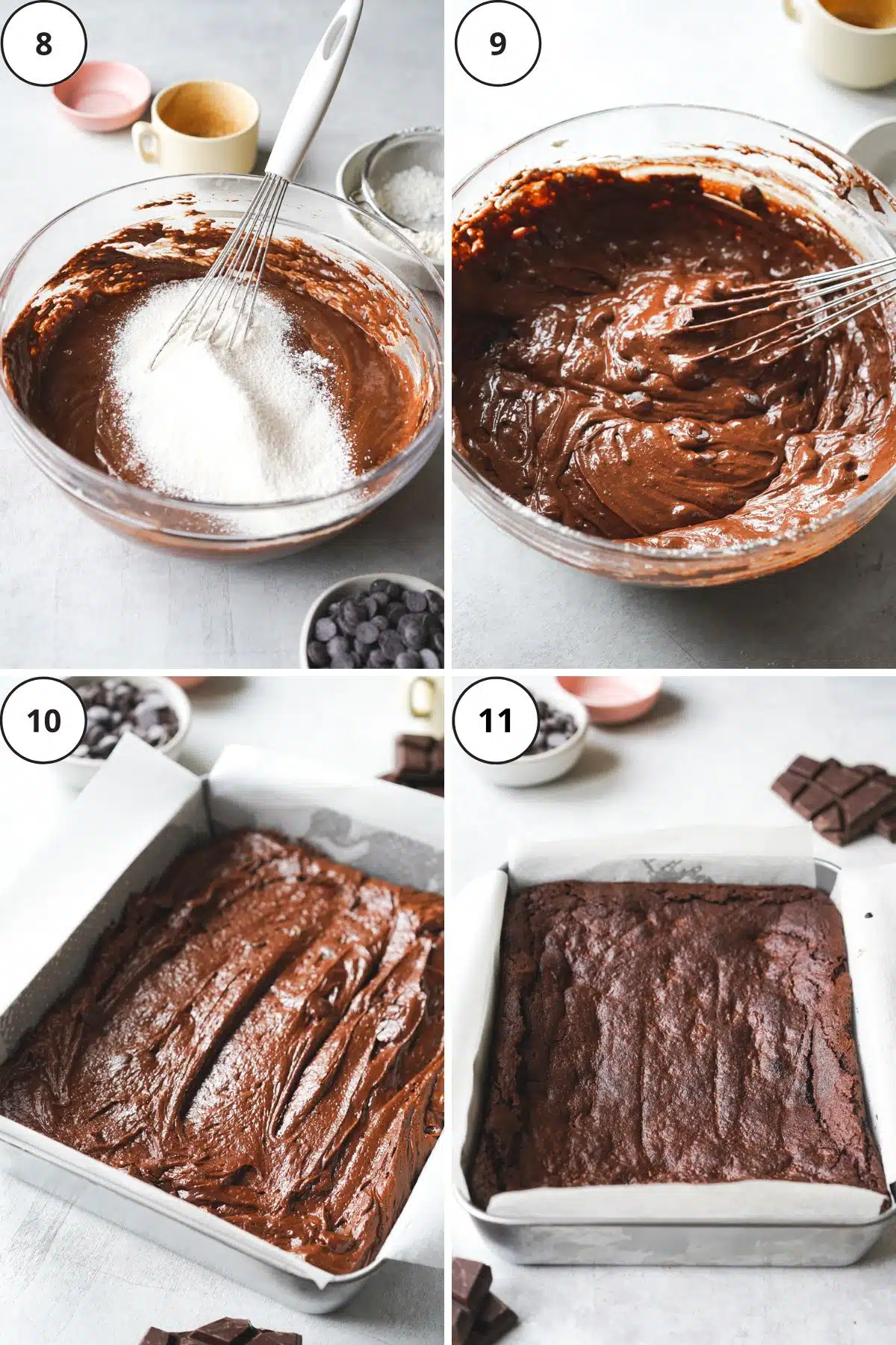 mixing brownie batter in a clear bowl and in a rectangular baking dish.