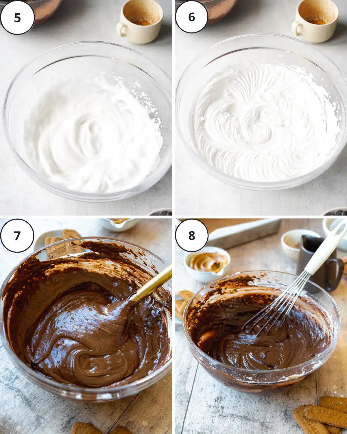 whipped aquafaba in a clear bowl and chocolate brownie batter in a clear bowl.
