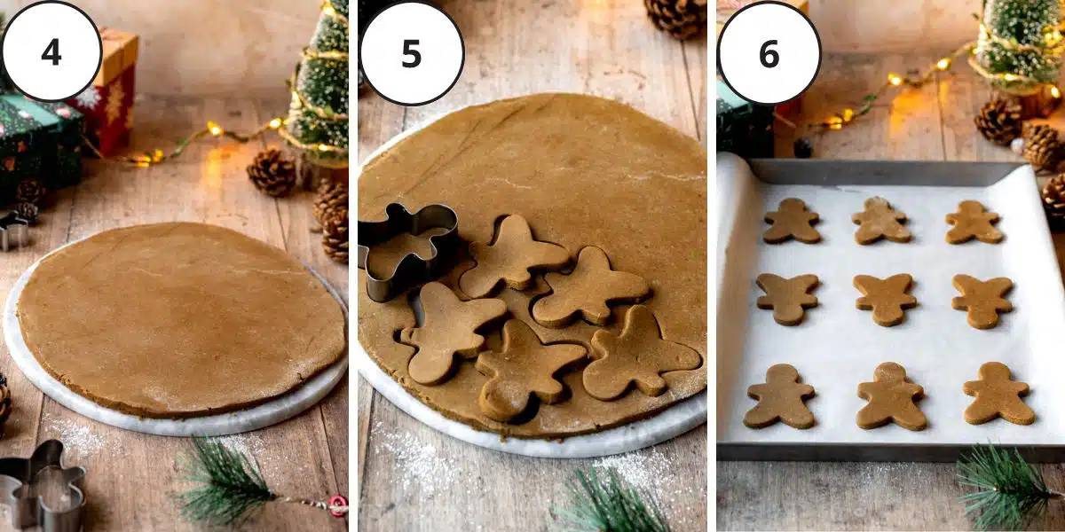 gingerbread cookie cutter being used on gingerbread cookie dough, and gingerbread cookies lined up on a baking sheet.