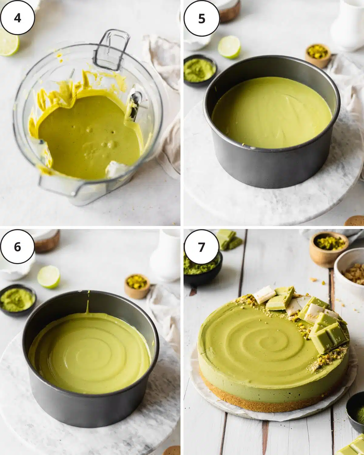 matcha cheesecake filling in a blender and poured into a cake pan.