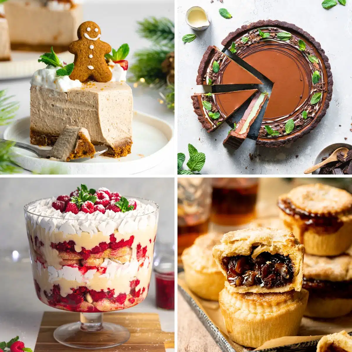 a collage of vegan christmas desserts including chocolate mint tart, gingerbread cheesecake, trifle, and mince pies.