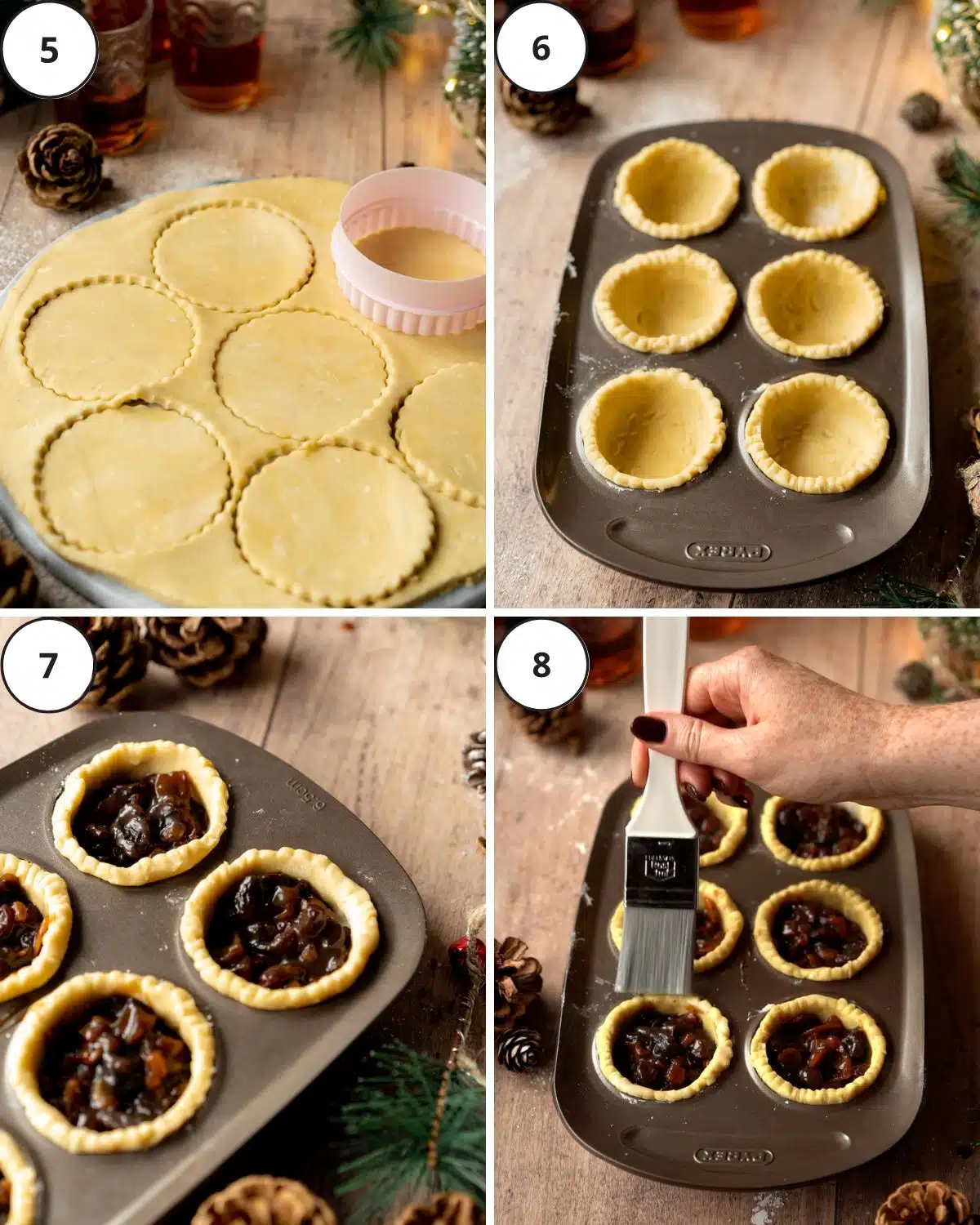rolled out pastry and mince pie filling in a muffin pan.