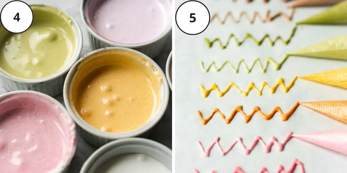 naturally colored roayl icing in pots and in piping bags.