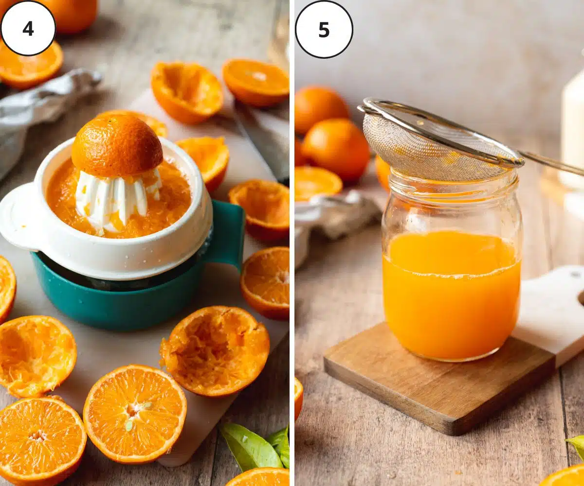 squeezed oranges scattered around a small manual juicer, and orange juice being strained through a sieve into a jar.